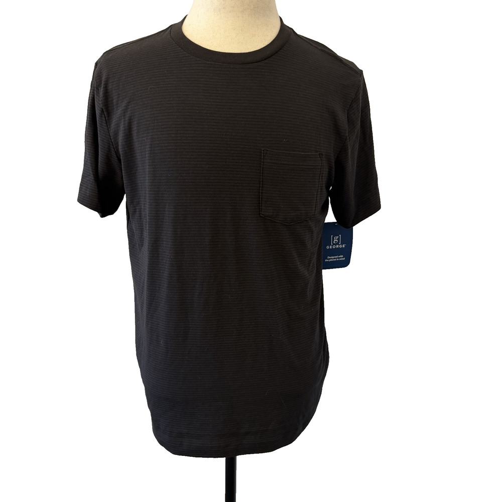George Men’s T-Shirt Short Sleeve Med 38-40 Black Dark Gray Stripes Pocket NWT